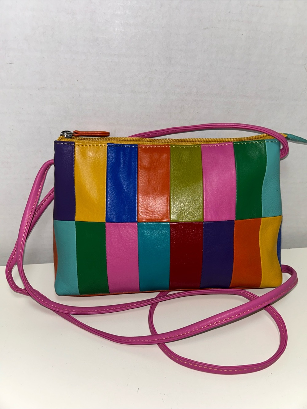 ili New York Dolce Linea Multicolor Rainbow Stripe Leather Crossbody Bag